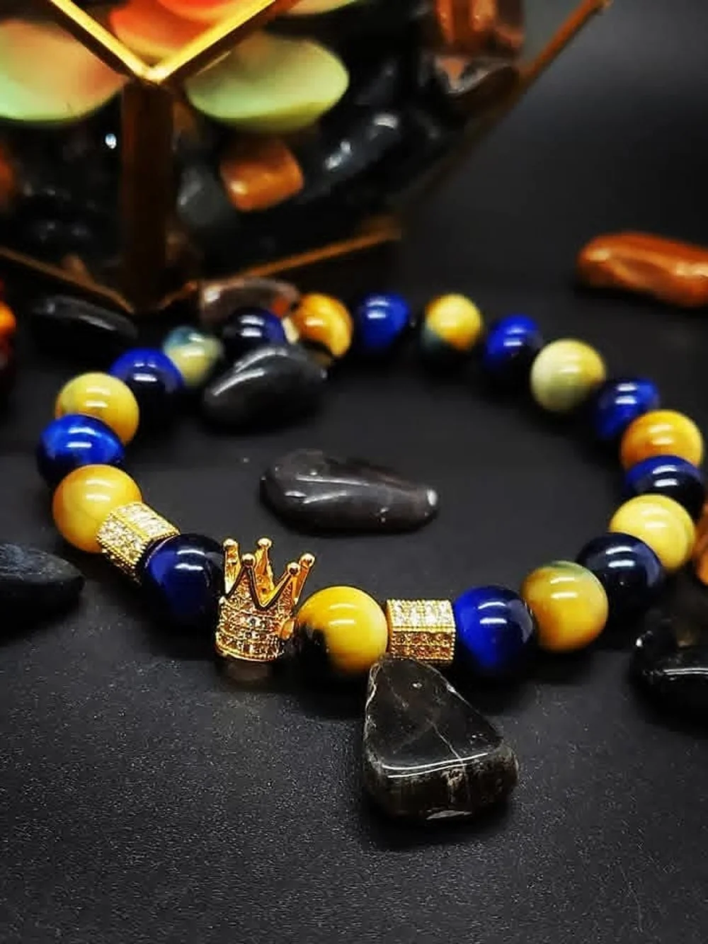 Tiger Eye Bead Bracelet with Gold Crown Accent - Brown